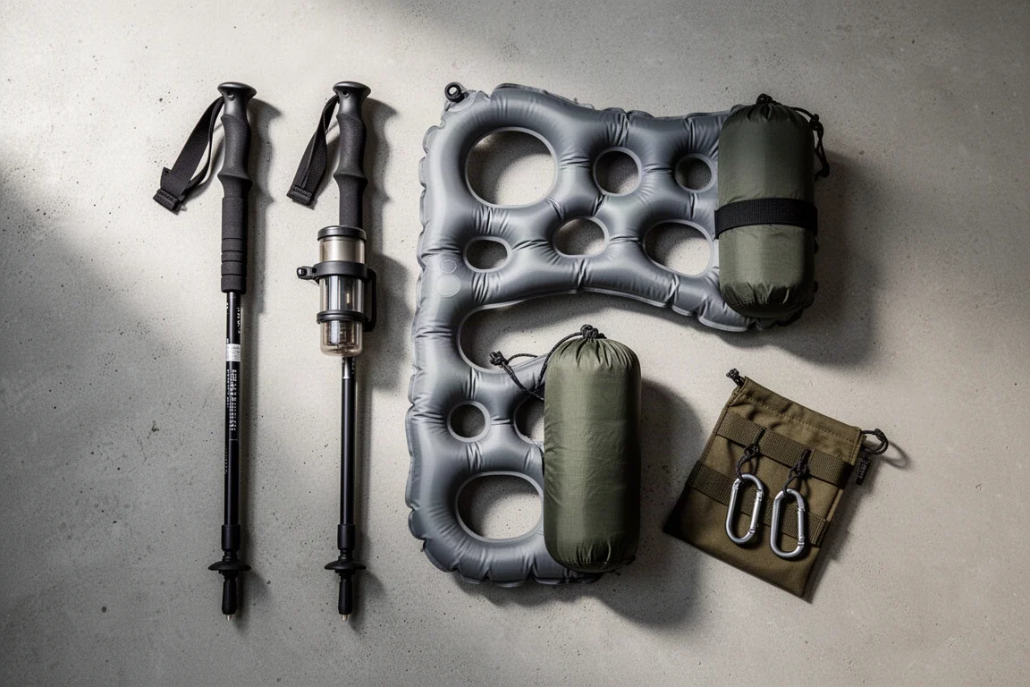 Flat-lay of unusual backpacking gear including a filter trekking pole, two sleeping pads and a small pouch