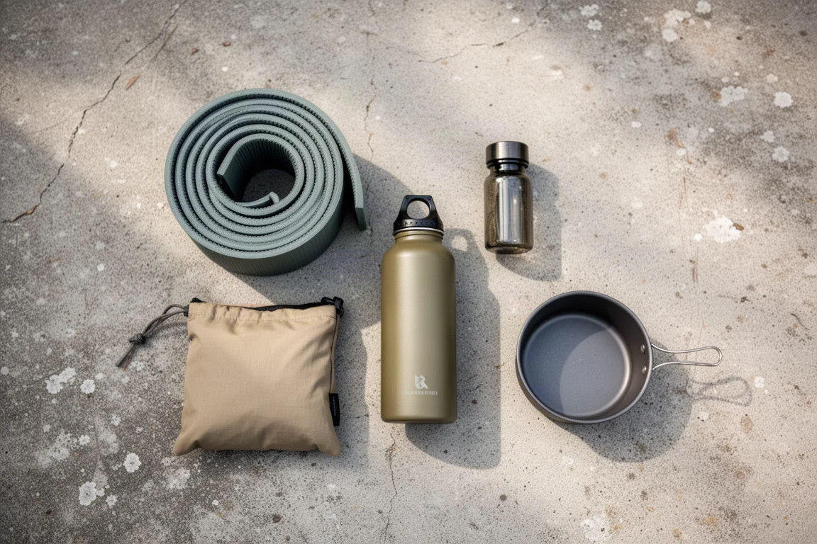 Ovanifrån platt uppläggning av backpacking-utrustning utspridd på vittrad betong
