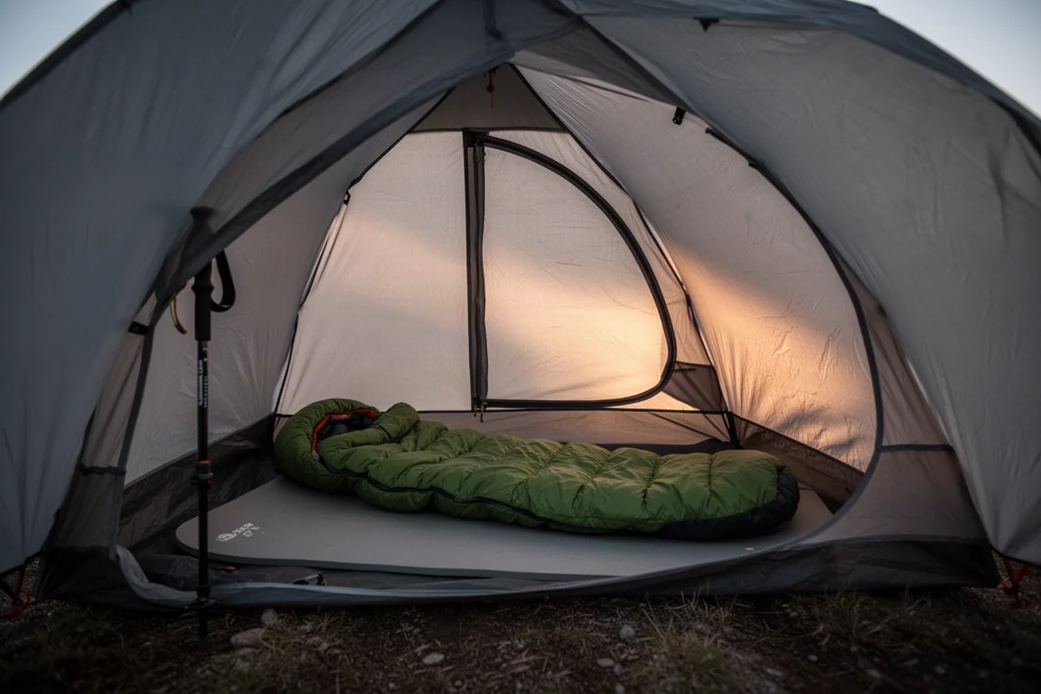 Interior de uma pequena barraca sustentada por bastão ao anoitecer, com um isolante térmico estendido