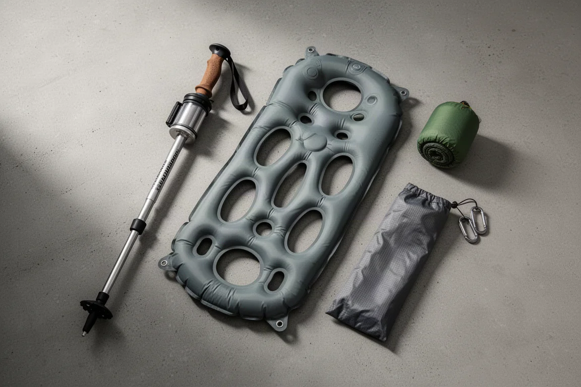 Flat-lay di attrezzatura ultralight da backpacking con un bastone da trekking filtrante e due materassini
