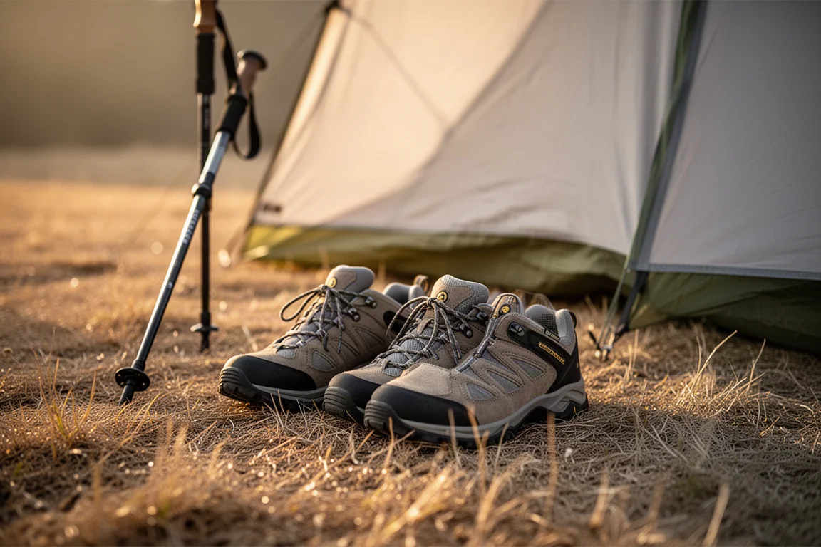 Wandelschoenen apart gezet op droog gras naast een kleine kampeerplaats in het gouden uur