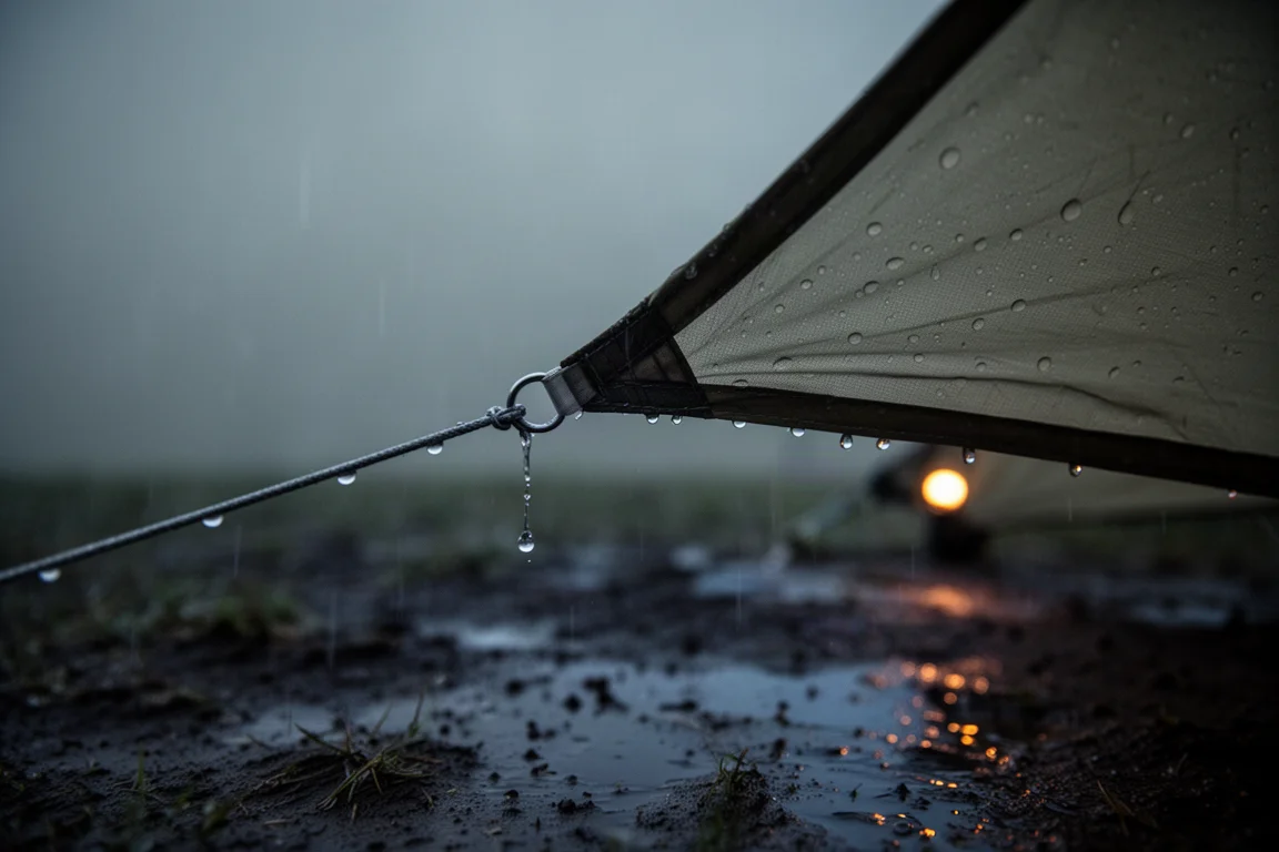 Regen parelt op een strak nokkoord en lichtgewicht shelterstof in de schemering