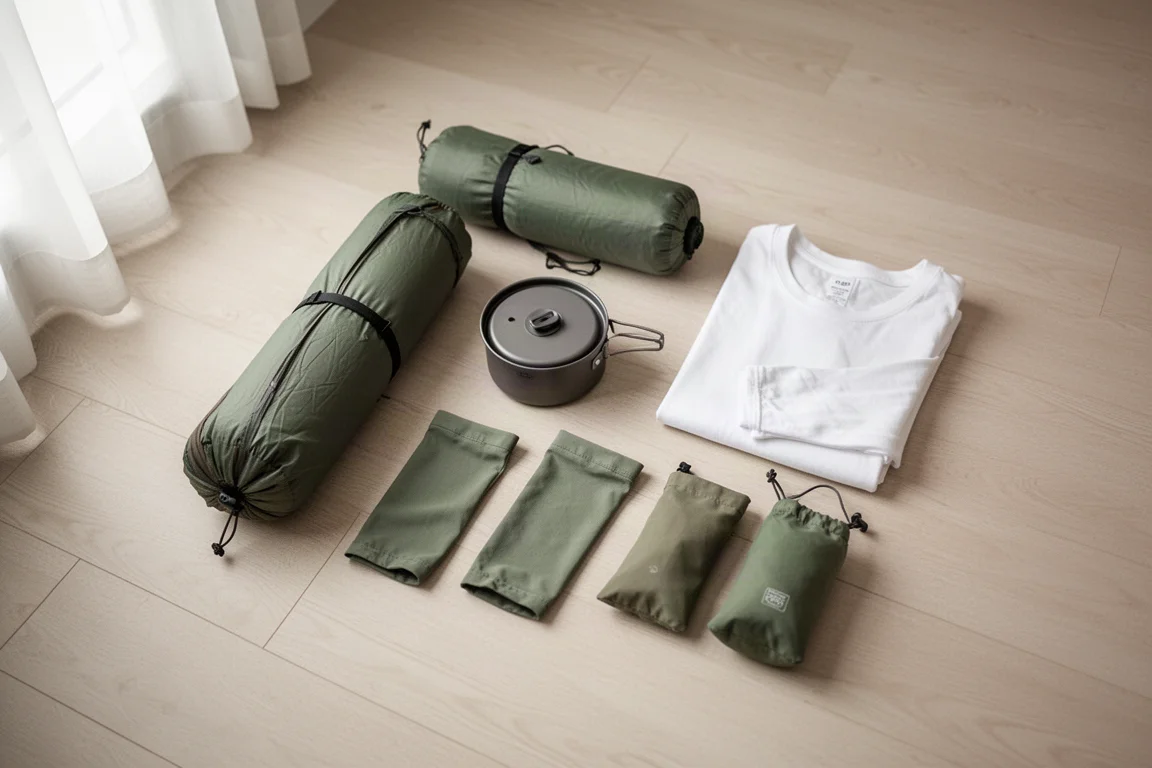 Bovenaanzicht van een compacte backpackingset uitgespreid op een licht houten vloer