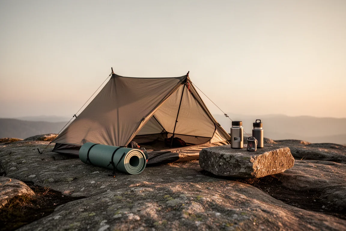Piccolo campo ultralight su un altopiano roccioso durante l'ora d'oro con l'attrezzatura disposta intorno