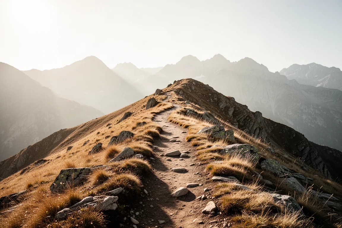 Sentiero esposto su cresta d'alta quota sotto il sole di mezzogiorno con cime in lontananza