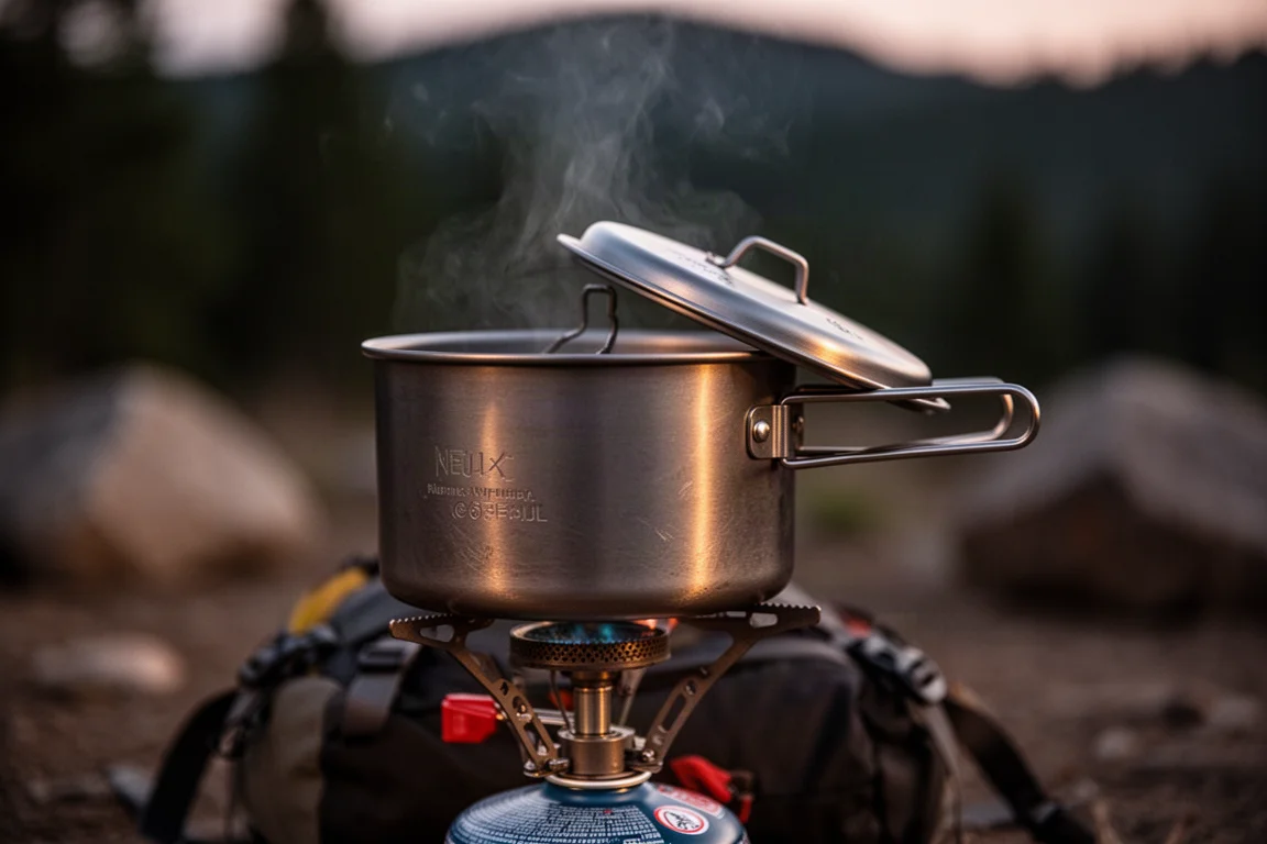 Pentola in titanio su un fornello da backpacking al crepuscolo con un leggero vapore che sale