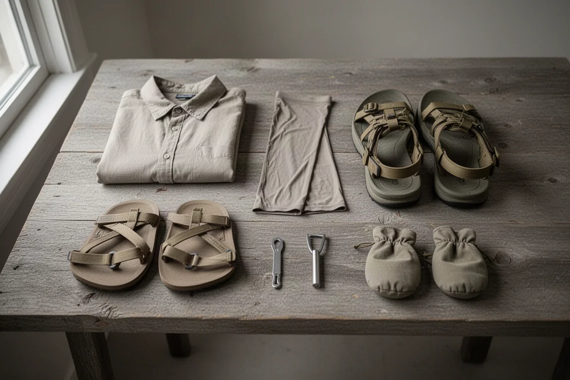 Flat-lay di essenziali ultralight da backpacking disposti su legno grigio consumato