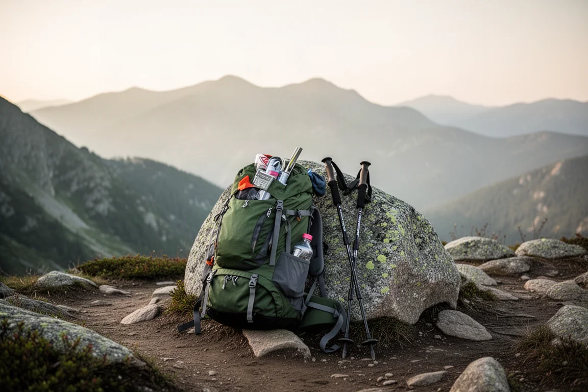 Załadowany plecak turystyczny i skrzyżowane kije trekkingowe oparte o głaz na górskim szlaku