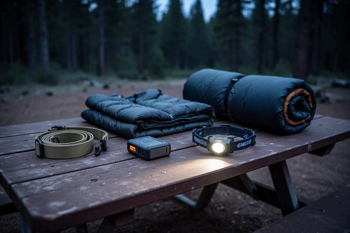 Mesa de picnic en un campamento al atardecer con equipo de exterior y una linterna frontal que emite luz