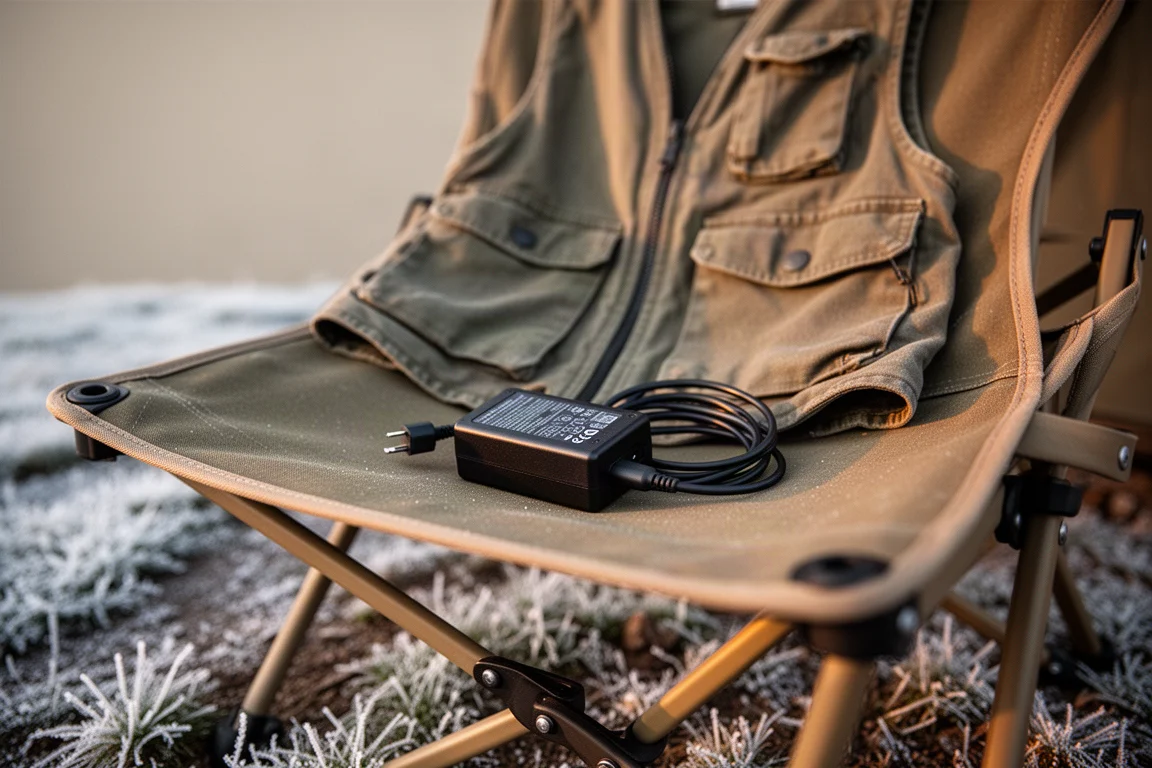 Batería y cable sobre el asiento de una silla de camping con un chaleco calefactado abierto