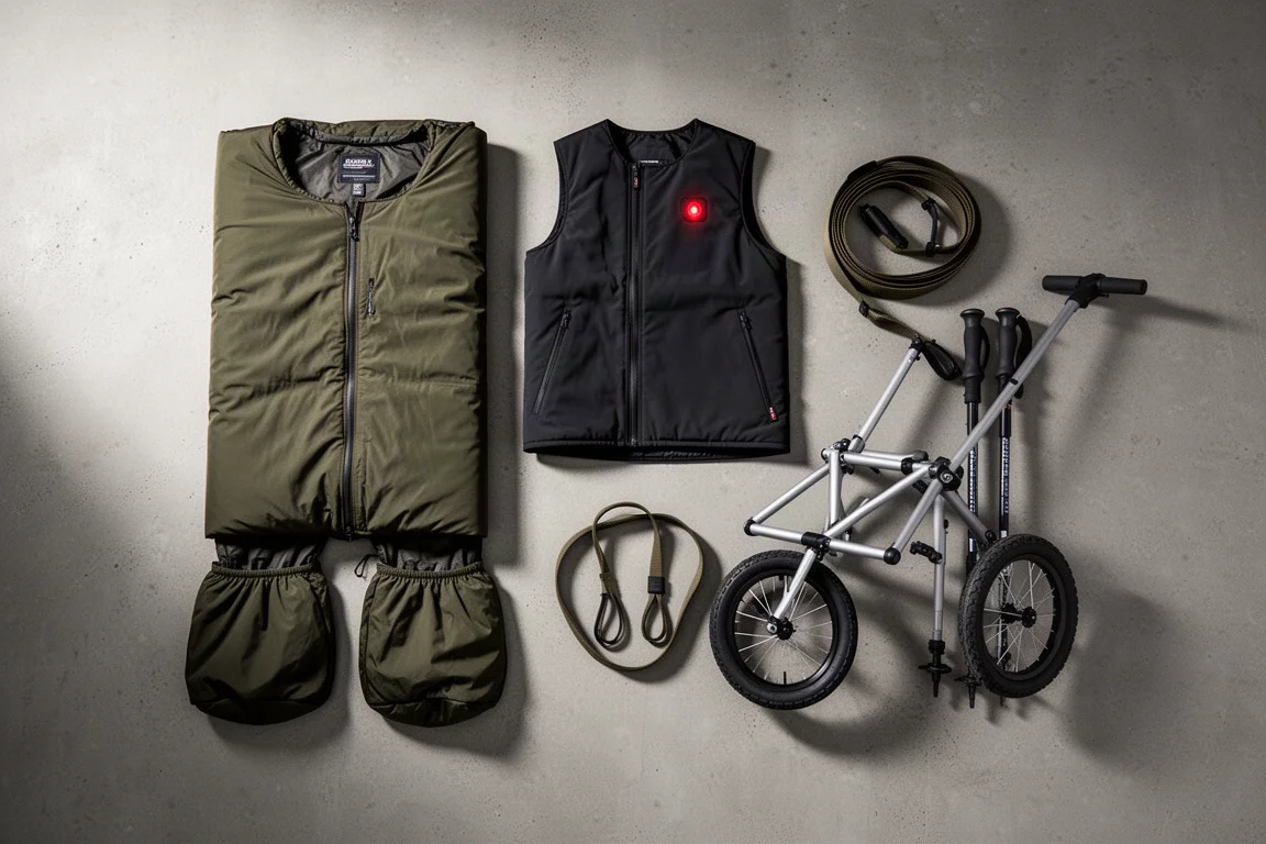 Flat lay di sacco a pelo indossabile, gilet riscaldato, cinghia di supporto e carrello da trekking su cemento