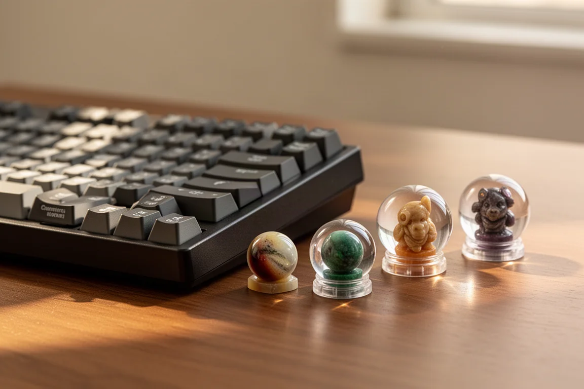 Keycap in resina fatte a mano disposte su una tastiera meccanica a profilo basso