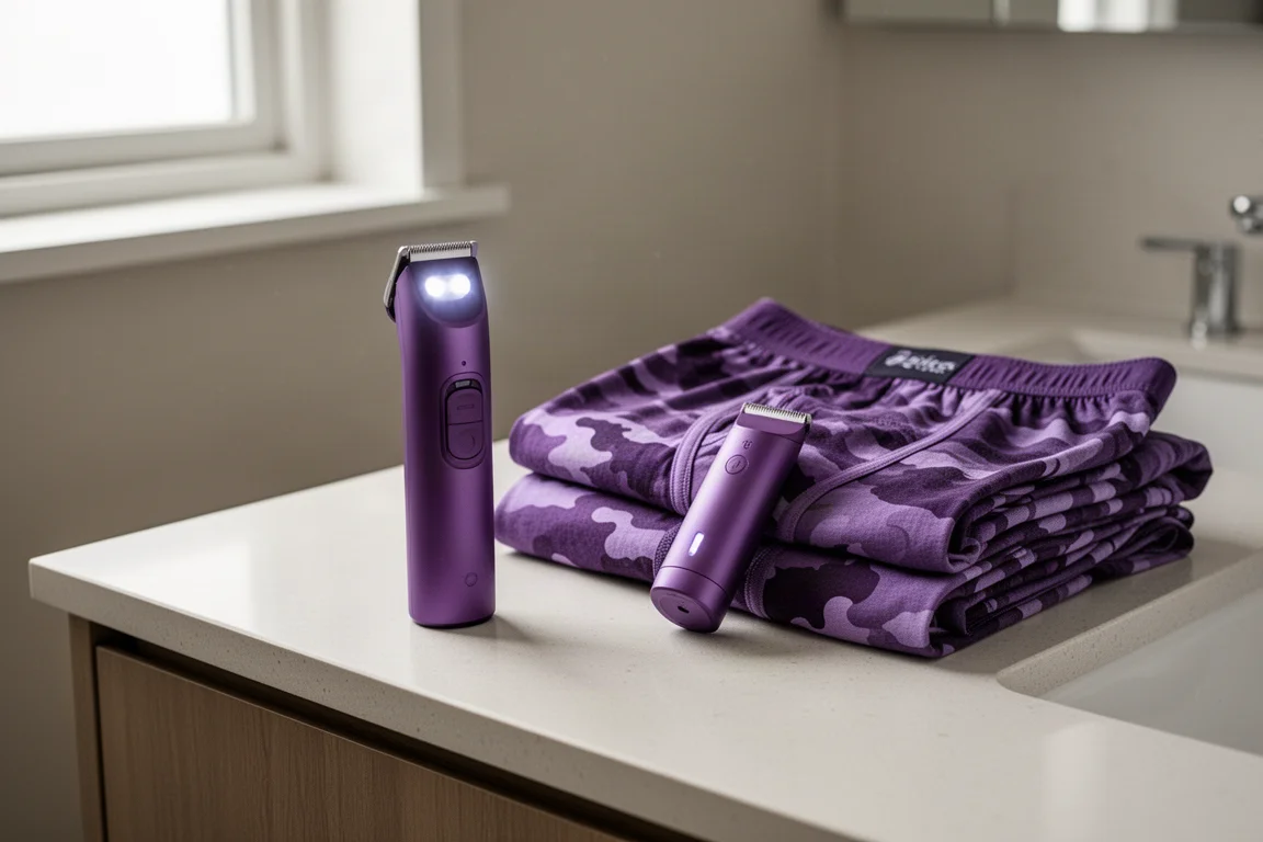 Regolatore wireless compatto e boxers piegati disposti su un ripiano del bagno