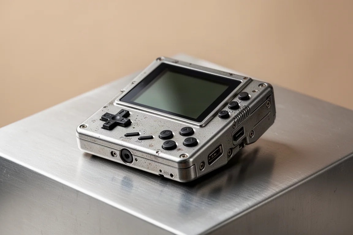 Piccola console portatile retro in metallo tascabile tenuta su uno sfondo neutro