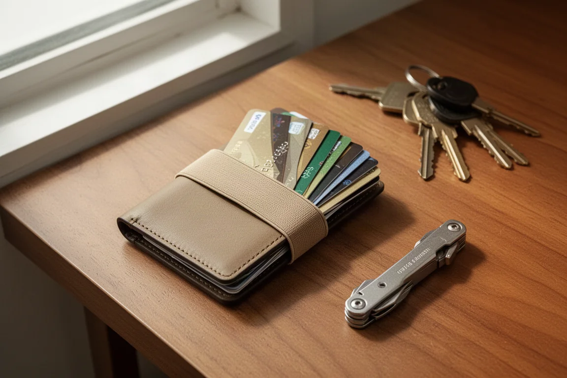 Portafoglio sottile con carte e banconote organizzate su una scrivania in legno accanto a oggetti daily carry