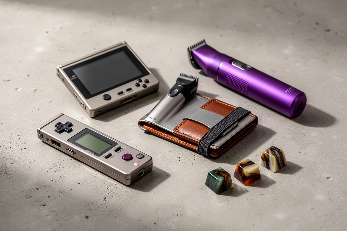 Assortment of gadgets including a handheld console, trimmer, wallet and keycaps on concrete