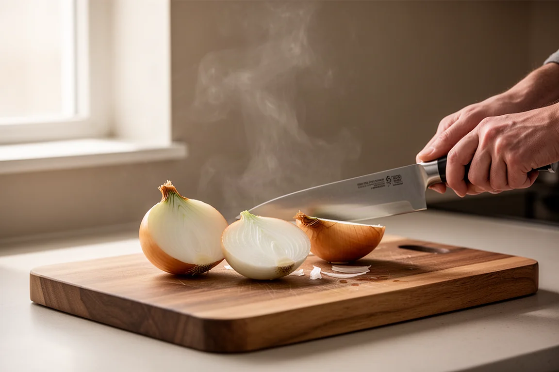 Person chopping onions on a wooden board in a bright home kitchen