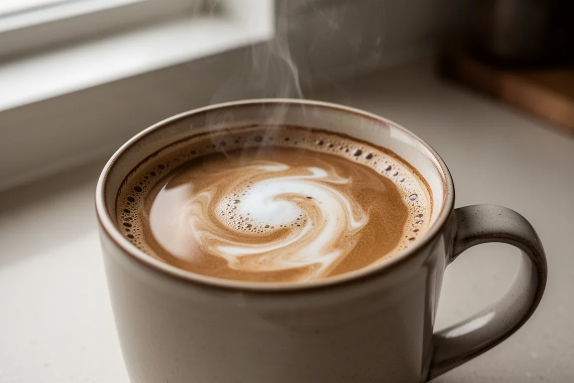 Coffee swirling and frothing inside a mug in soft morning light