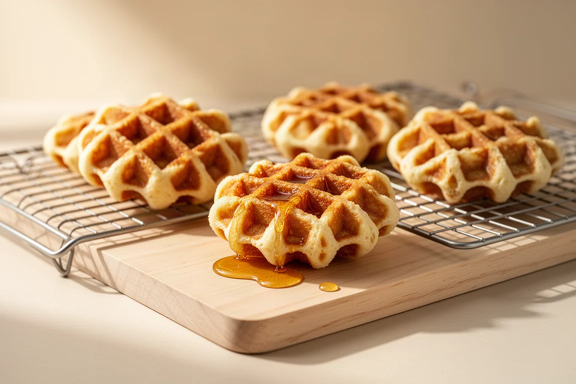 Freshly cooked mini waffles cooling on a wire rack