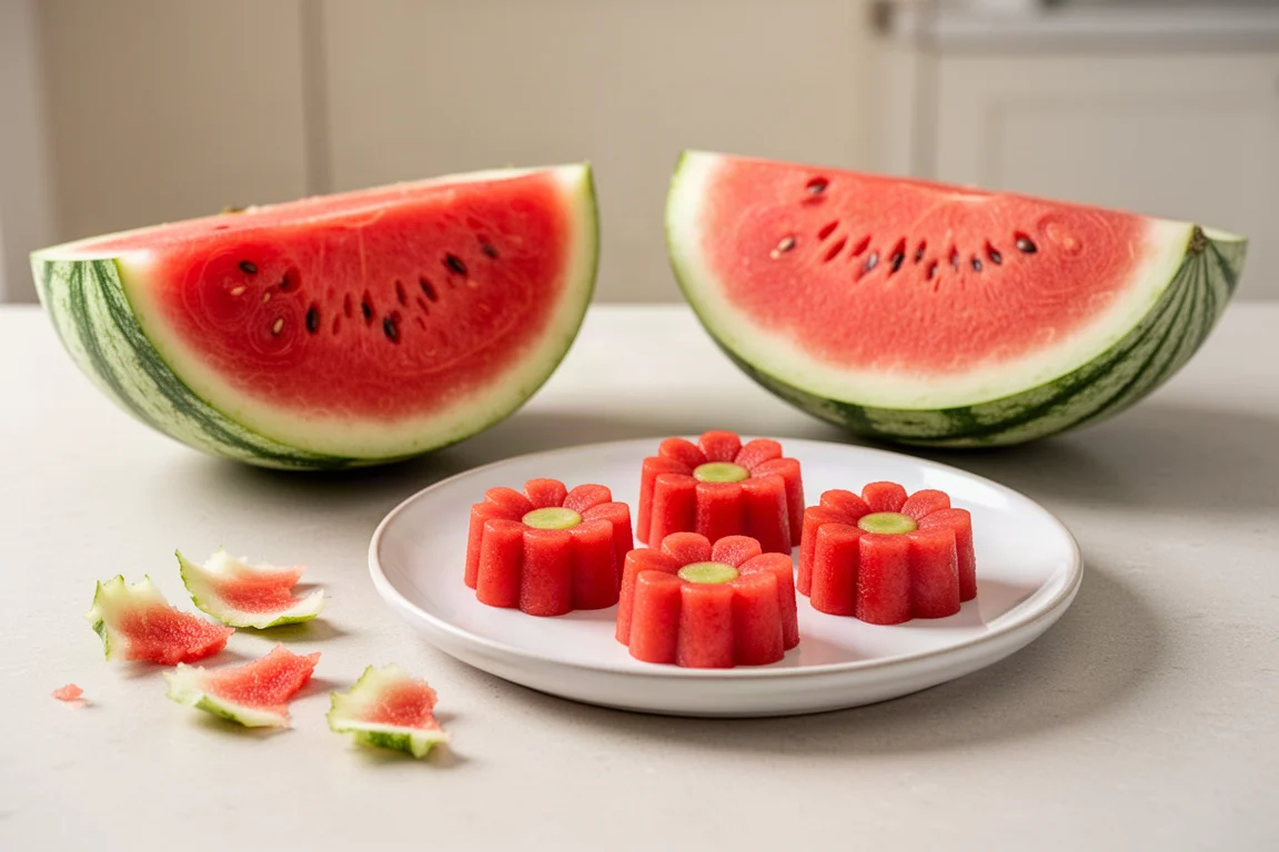 Watermelon slices and shaped fruit pieces arranged on a kitchen counter