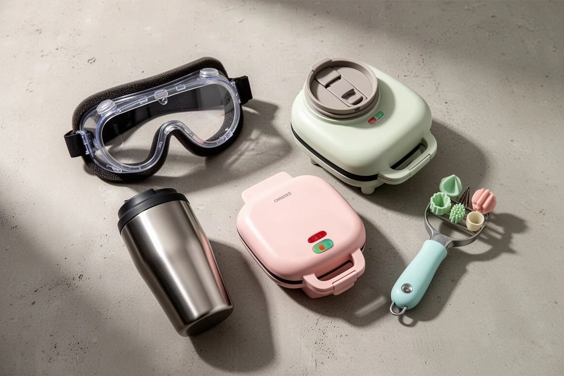 Cuatro gadgets de cocina peculiares, entre ellos gafas, una taza que se agita sola, una mini máquina de gofres y un cortador moldeador de fruta, dispuestos sobre hormigón