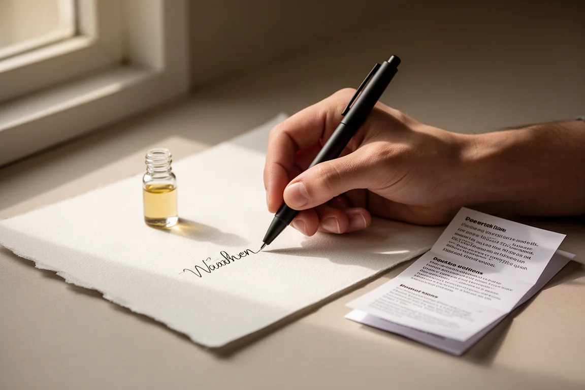 Une main écrit avec un stylo bille noir sur papier uni à côté de petits flacons d'huile essentielle