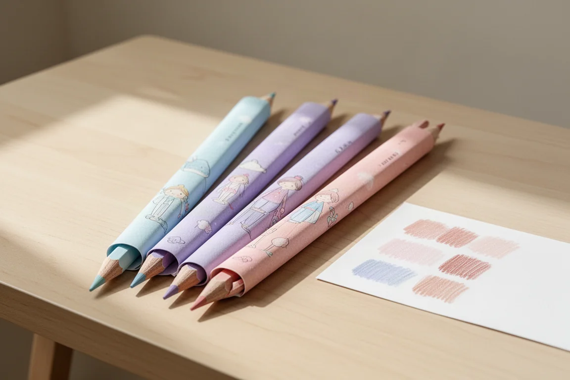 Crayons de couleur aux emballages illustrés doux étalés en éventail sur un bureau lumineux