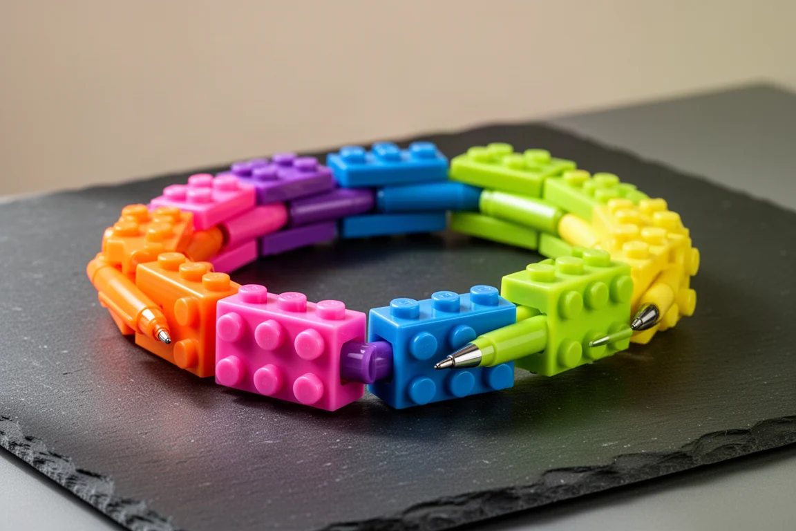 Stylos gel cloutés imbriqués en chaîne sur un bureau sombre
