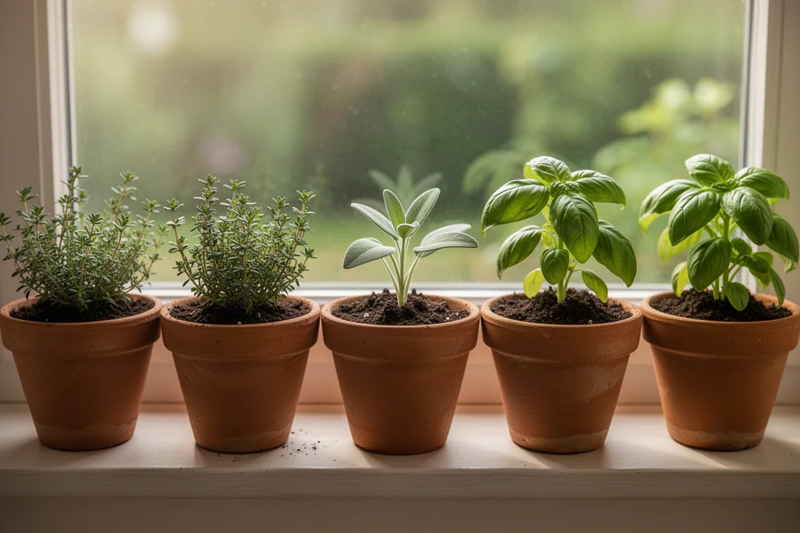 Petites herbes et un plants de cerise de terre germant dans la terre de pots en terre cuite
