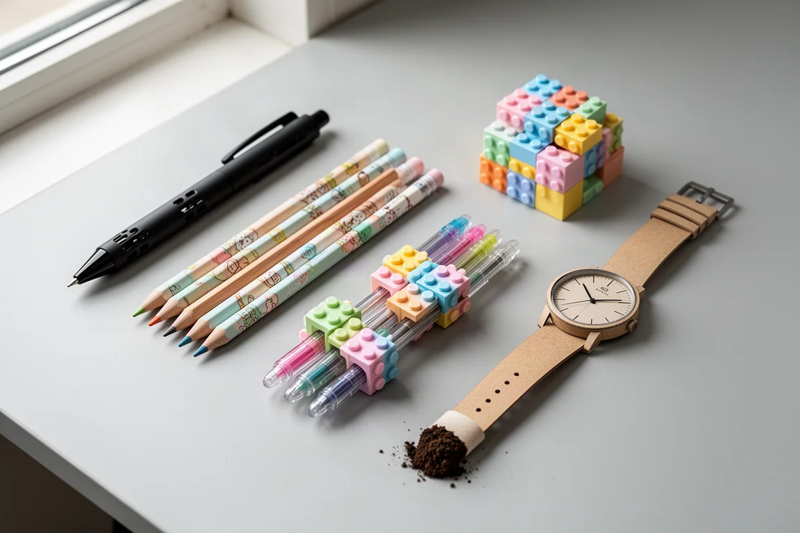 Flat-Lay mit duftenden Stiften, Buntstiften, Noppen-Gelschreibern, einer Papiuhr und einem pflanzbaren Bleistift auf grauem Schreibtisch