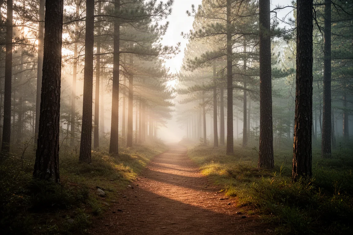 Fernwanderweg, der im Morgengrauen bei leichtem Nebel durch einen Kiefernwald schlängelt