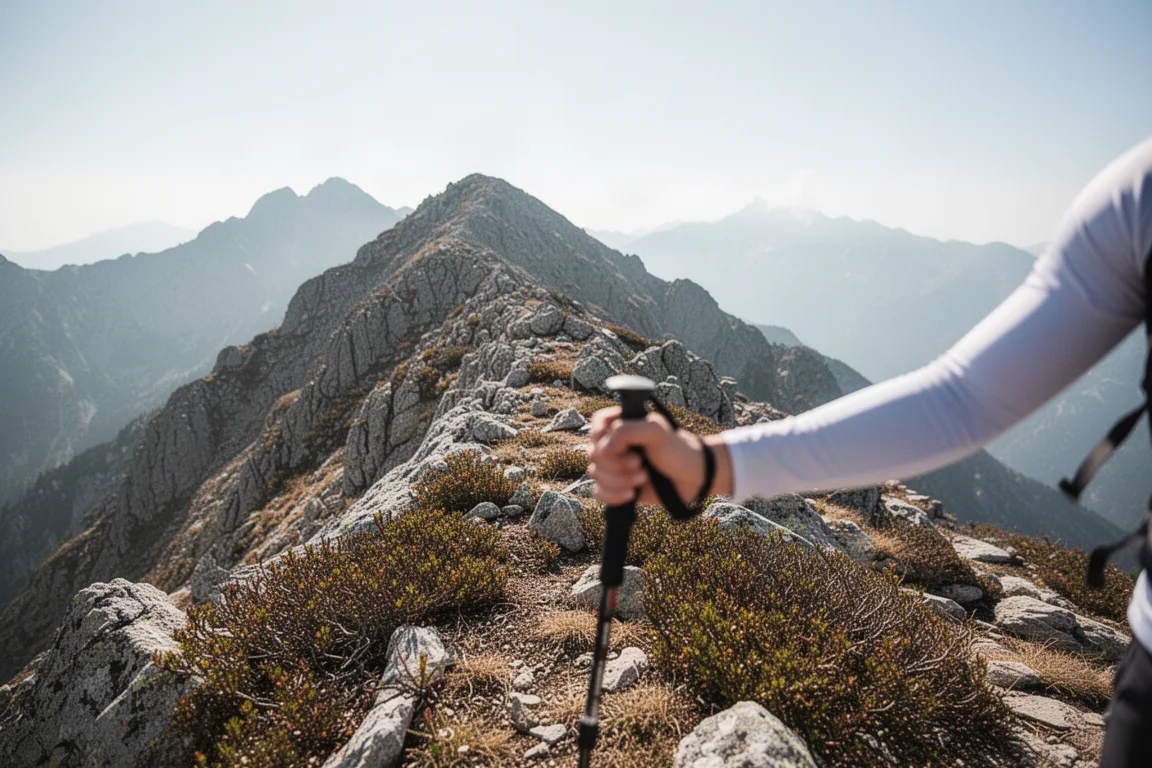 Freiliegender Alpengrat in hellem Sonnenlicht, ein Ärmel greift nach einem Trekkingstock
