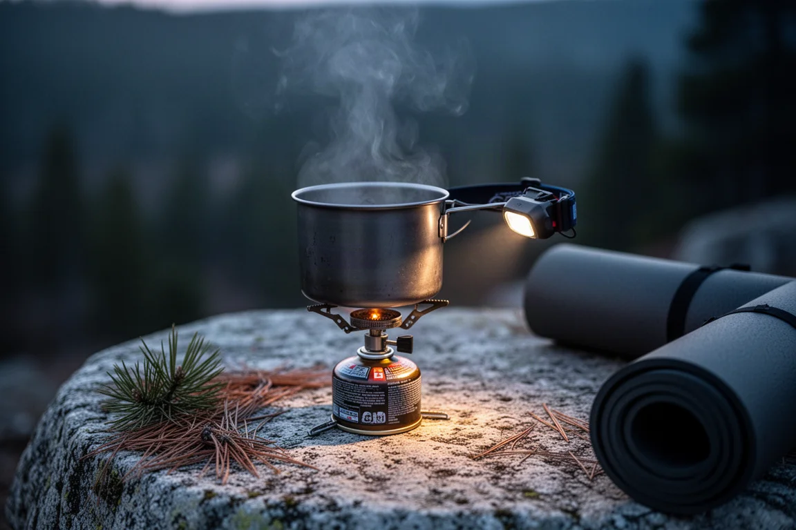 Titanium-Topf auf einem kleinen Kartuschenkocher in der Abenddämmerung auf einer Granitplatte
