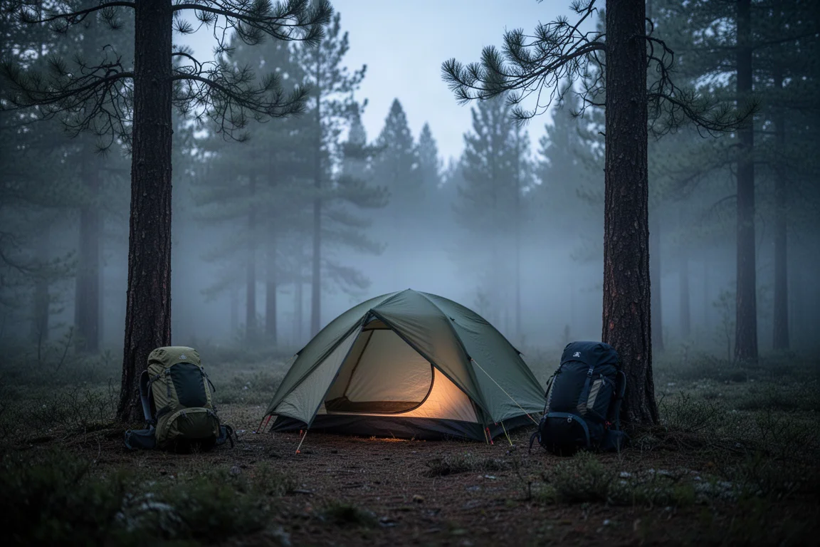 Minimalistischer Backcountry-Zeltplatz zur blauen Stunde mit kleinem Zelt und Rucksack