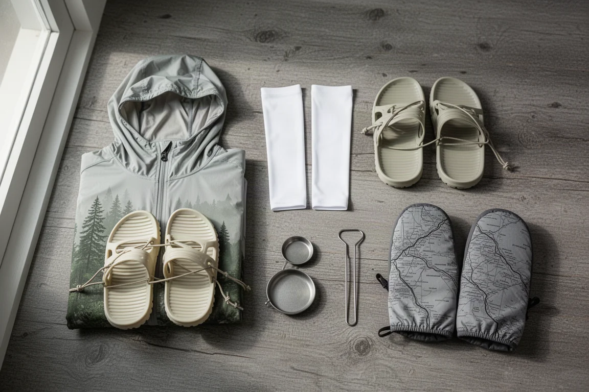 Five ultralight backpacking items arranged on weathered wood in an overhead flat-lay