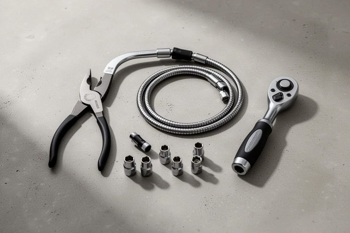 Flat-lay of assorted specialty hand tools on a concrete workbench