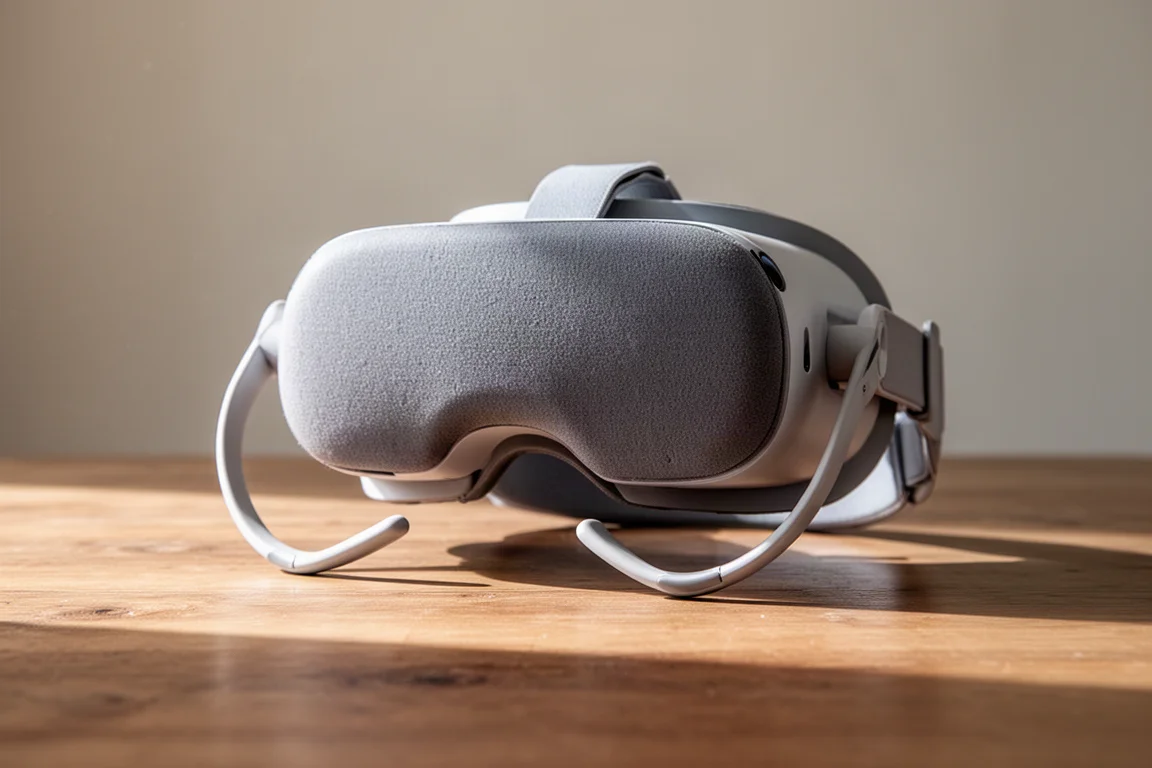 VR 頭戴裝置搭配極簡接觸式臉部介面,置於木桌上