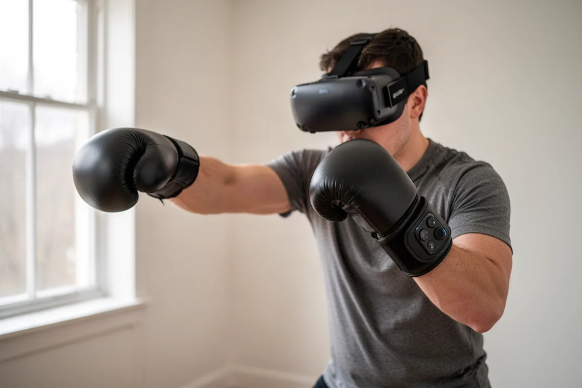 一個人戴著拳擊手套和 VR 頭戴裝置練習出拳