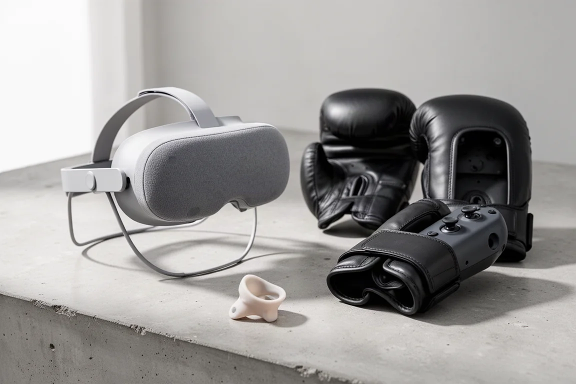 三款 VR 配件放在水泥地面上：臉部介面、矽膠握把和拳擊手套