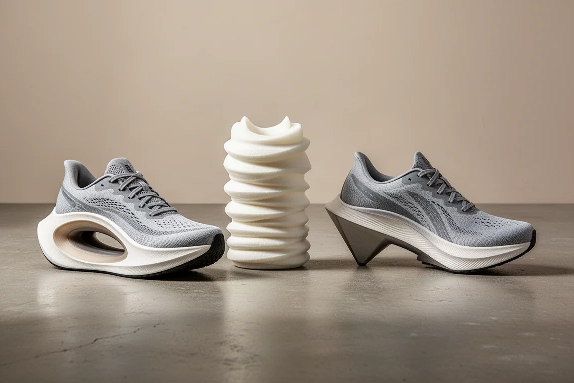 Four unconventional running shoes lined up on a concrete studio floor