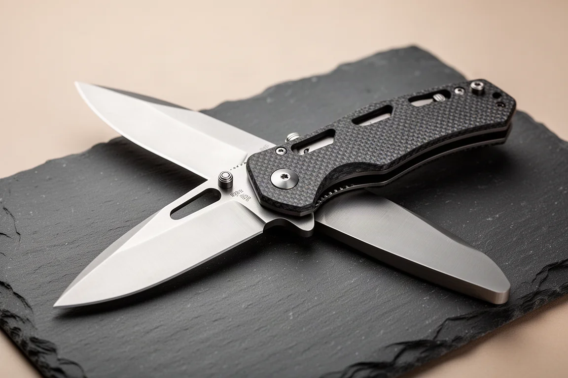Grande coltello chiudibile con manico in G10 tenuto aperto su una scrivania
