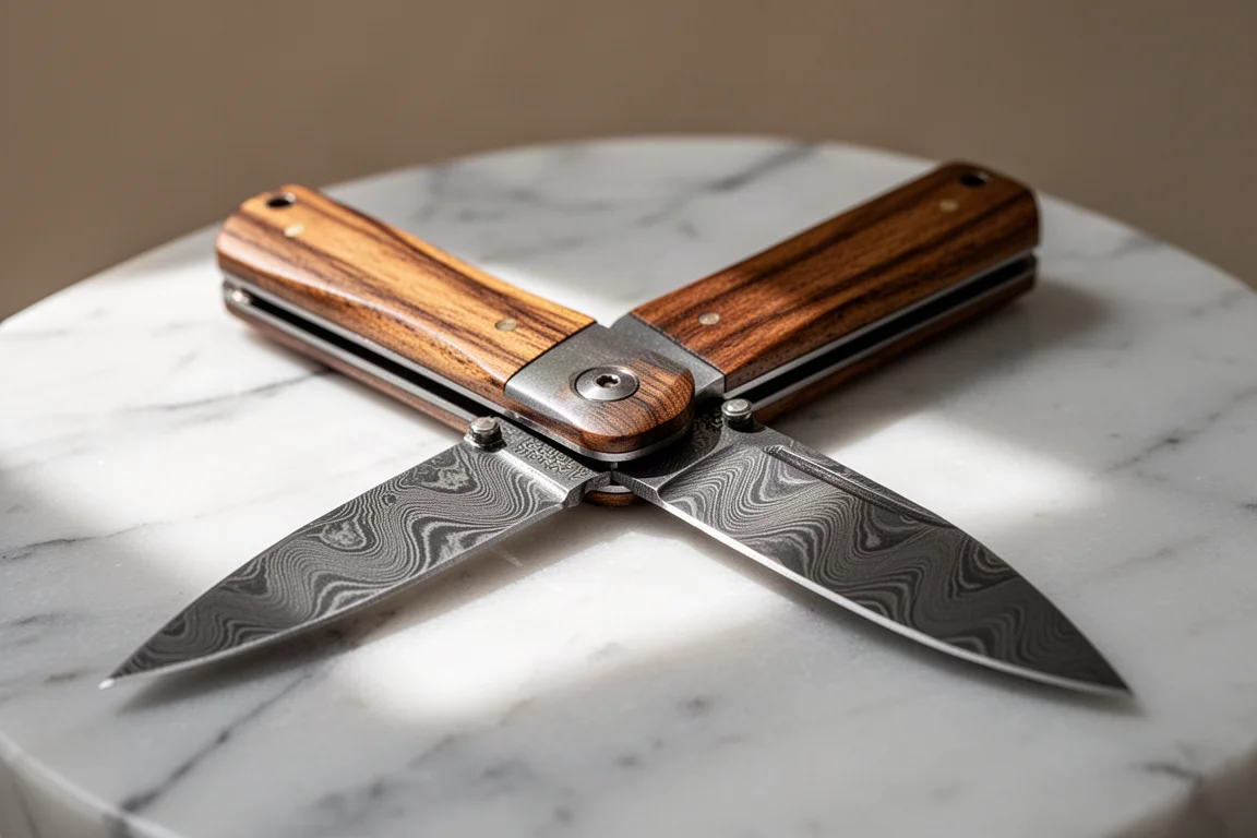 Coltello chiudibile con manico in legno e lama con motivo Damasco su una superficie in marmo