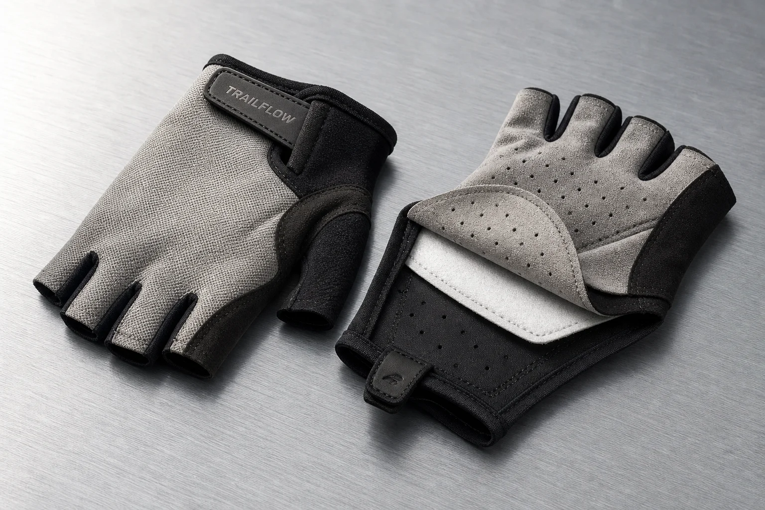 Fünf Mountainbike-Handschuhe in verschiedenen Stilen, die auf einer Betonoberfläche angeordnet sind