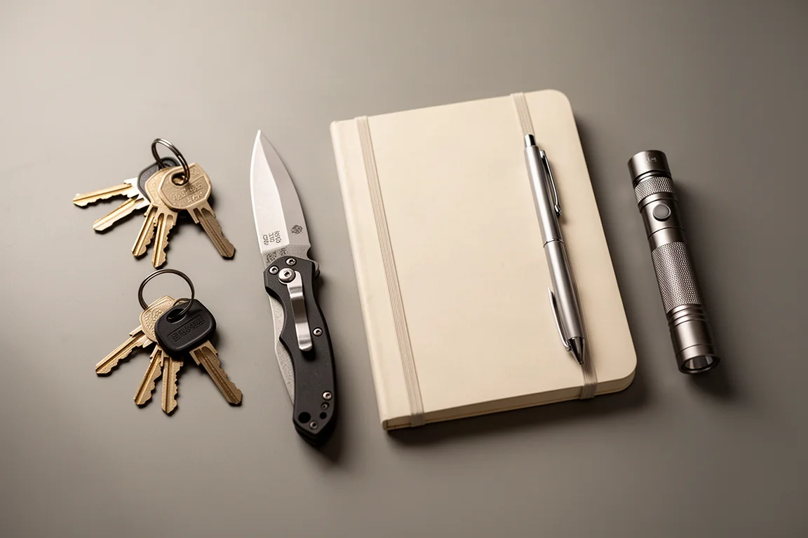 Kit EDC disposto sobre uma mesa com uma lanterna entre itens do dia a dia