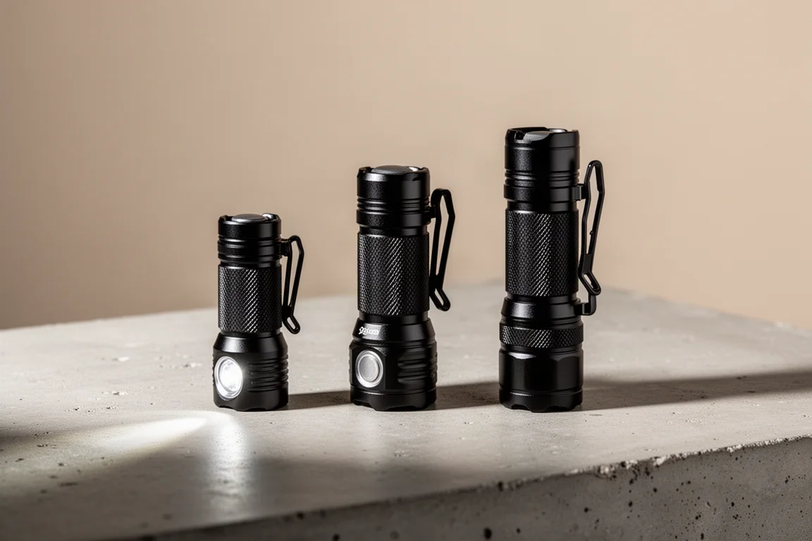 Three Weltool flashlights of increasing size arranged on a concrete surface