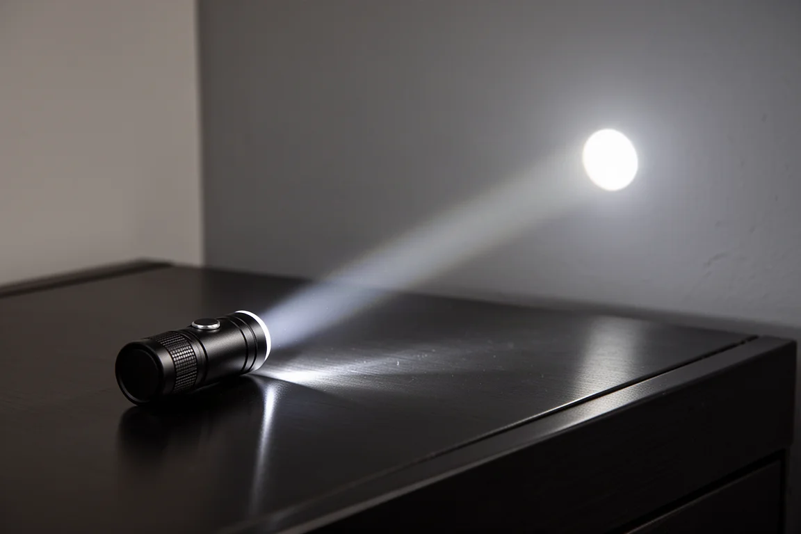 Kompakt EDC-ficklampa som kastar en smal, koncentrerad stråle över en mörk yta