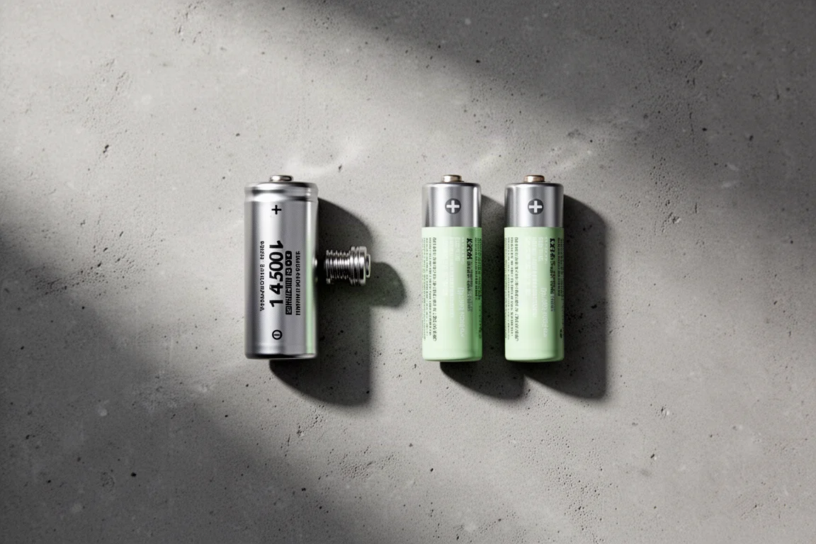 Två AA-batterier och en liten 14500-cell uppställda på en neutral yta