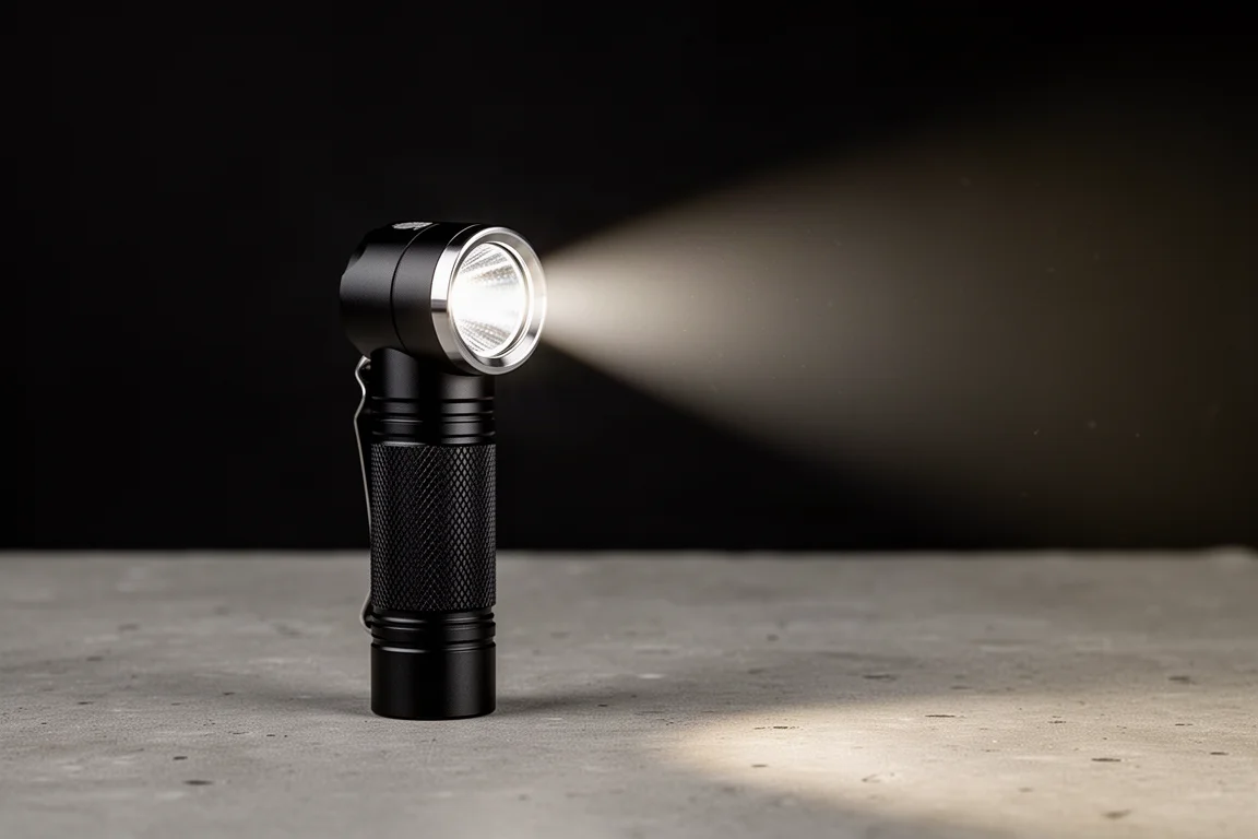Compact black EDC flashlight casting a narrow bright beam on a dark backdrop