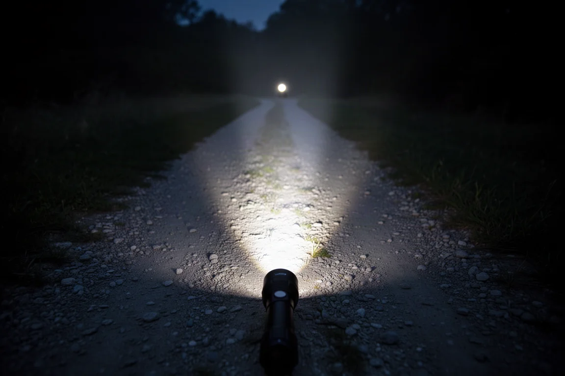 Skupiona wiązka latarki oświetlająca ciemną ścieżkę nocą