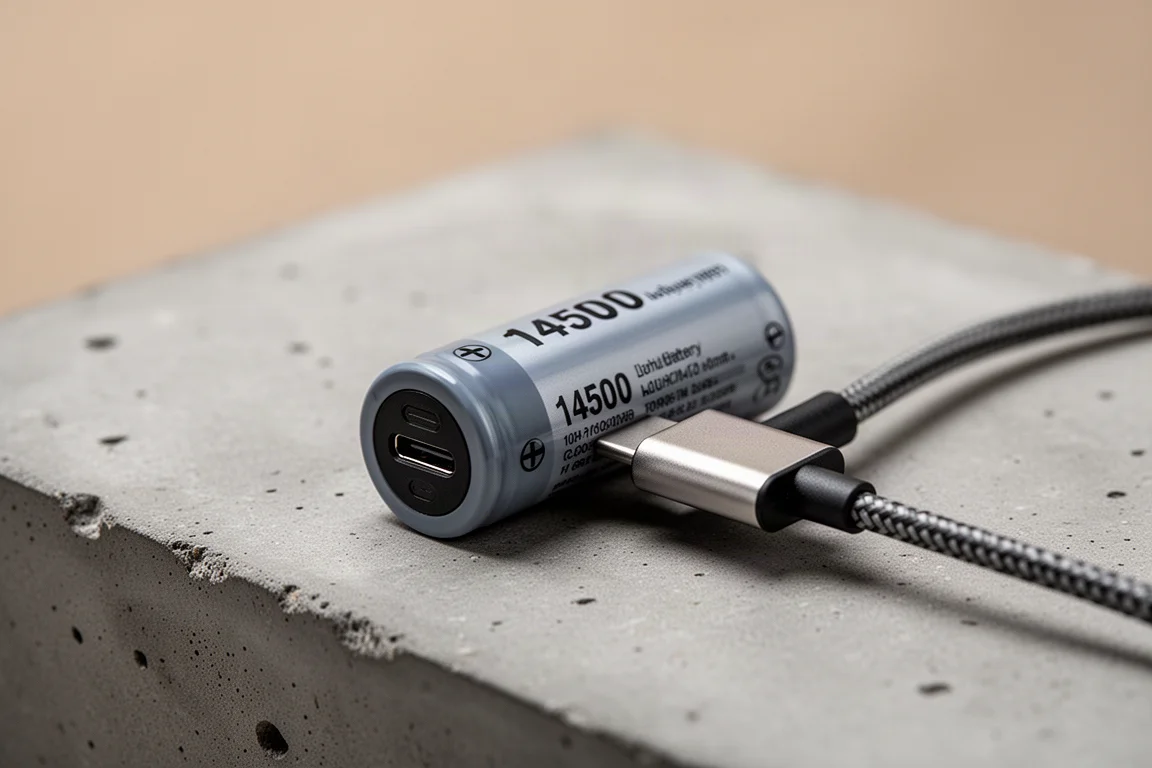 Kabel USB-C podłączony do małego akumulatora na biurku